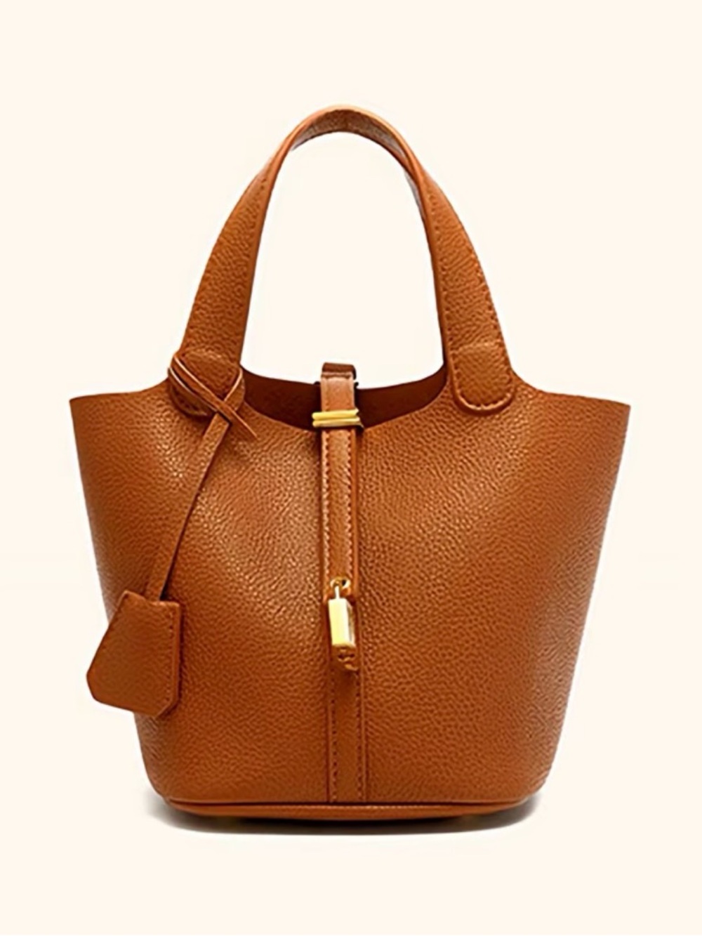 Pebbled Leather Bucket Tote Bag with Gold Lock
